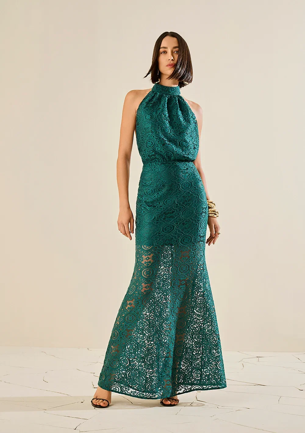 Vestido Morena Rosa Ajustado Cava Francesa Sem Manga Longo Verde