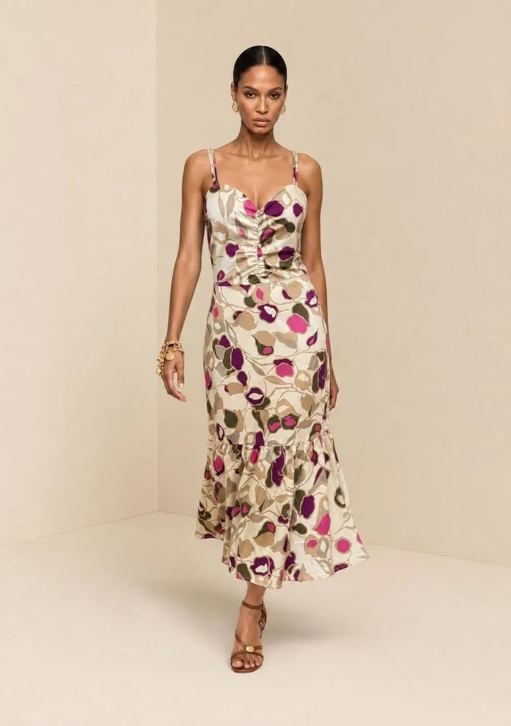 Vestido Midi Decote V Com Cinto Bege