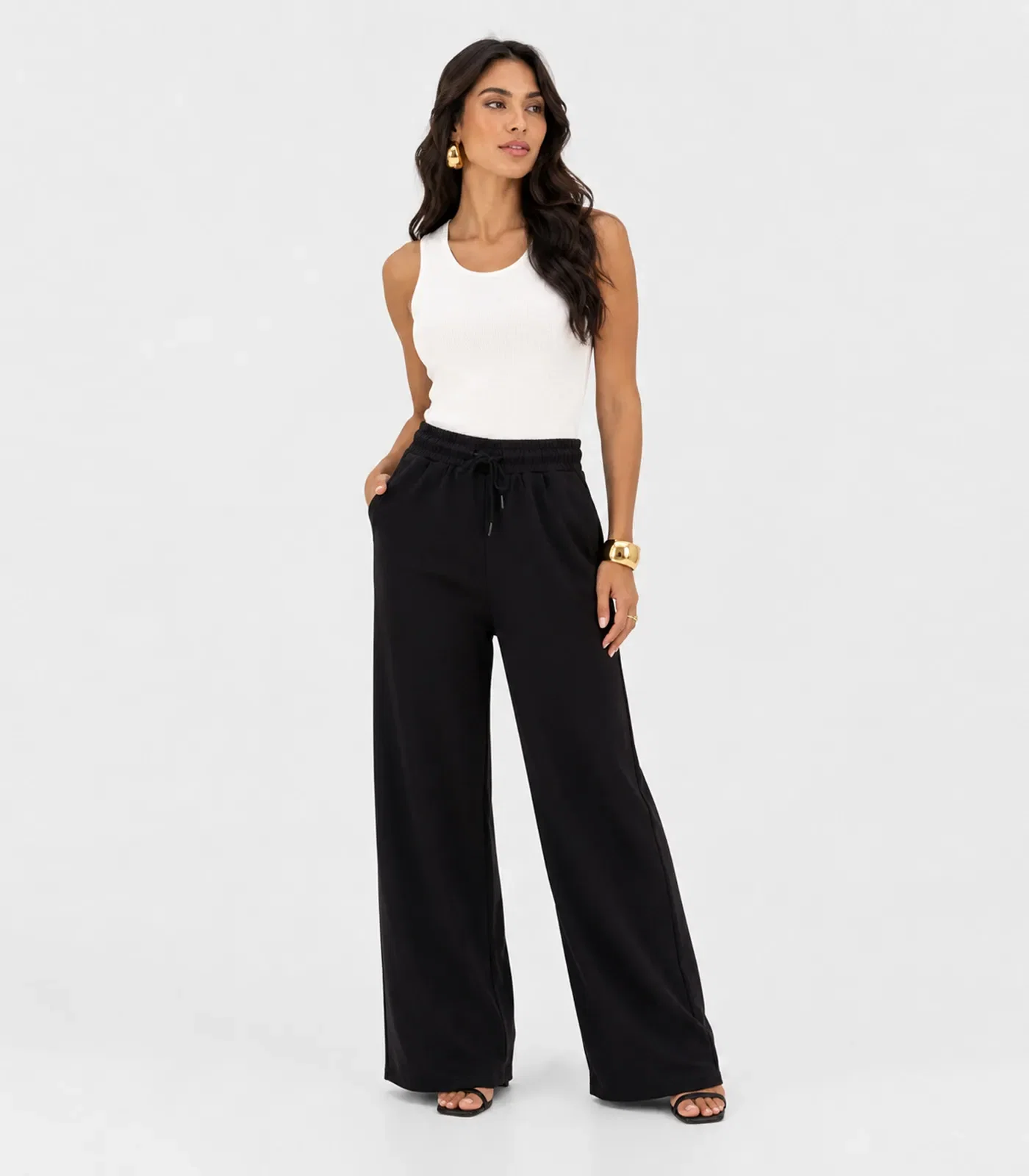 Calça Pantalona Feminina Cós Elástico Mixxon Preto — imagem 1