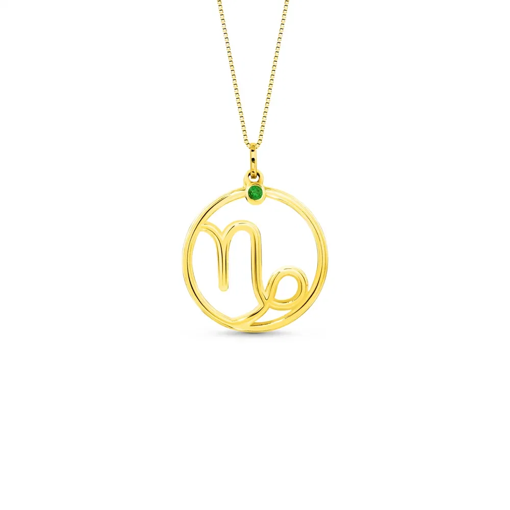 Pingente ZodíAço Capricórnio em Ouro Amarelo 18k com Tsavorita, 17mm