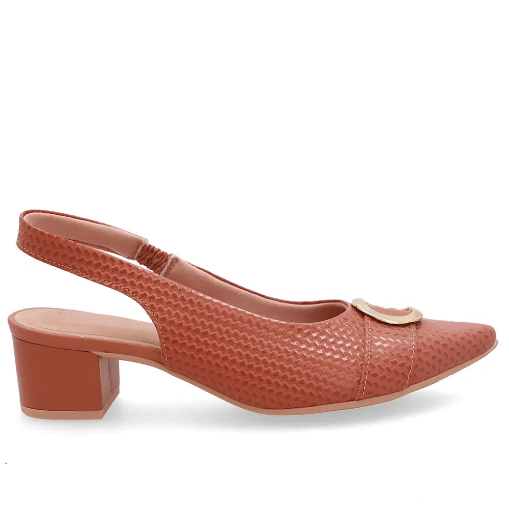 Slingback Couro Marrom Salto Bloco Com Textura Tressê — imagem 1