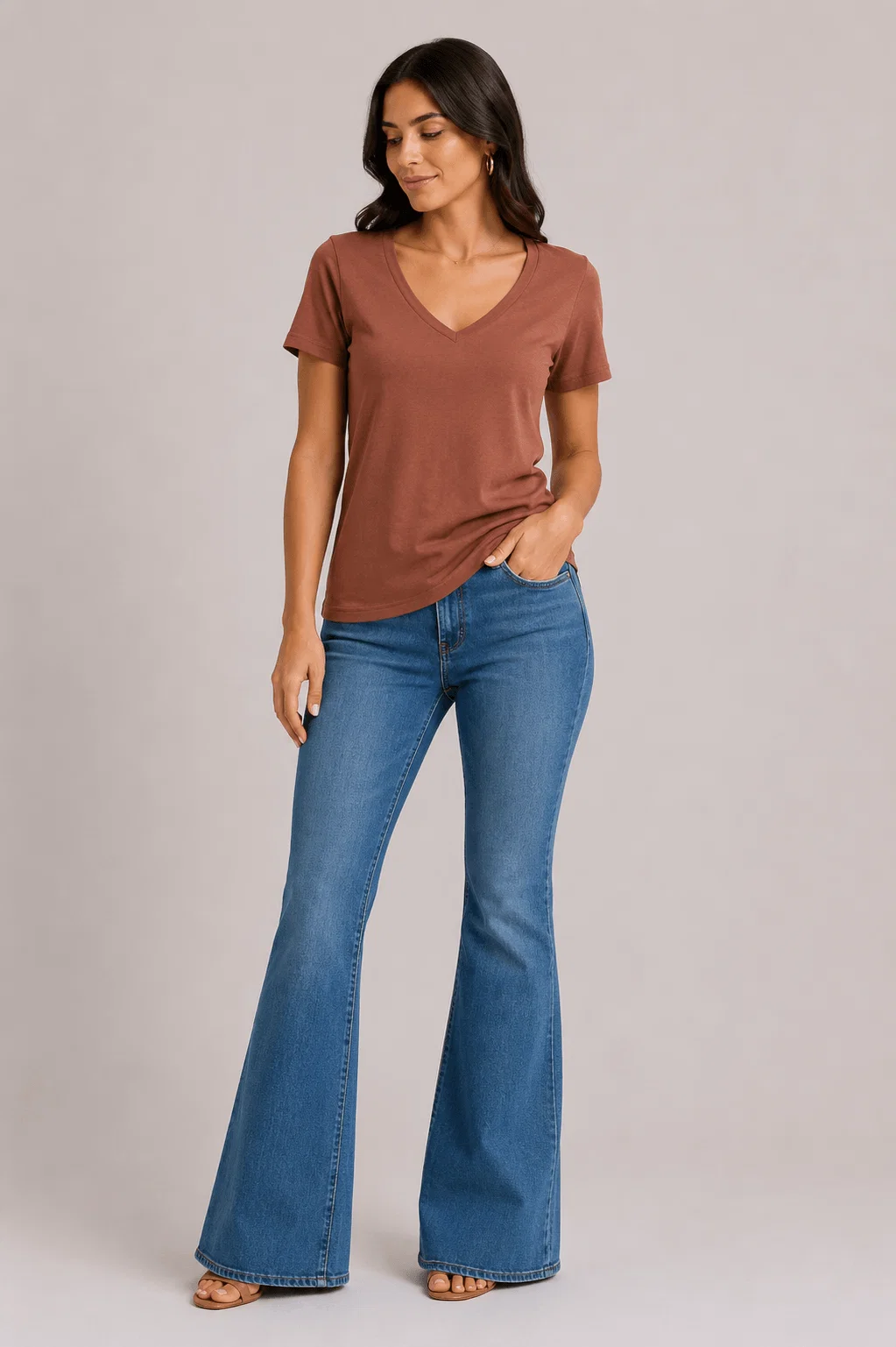Blusa Básica Algodão Peruano Decote v - Caramelo — imagem 1