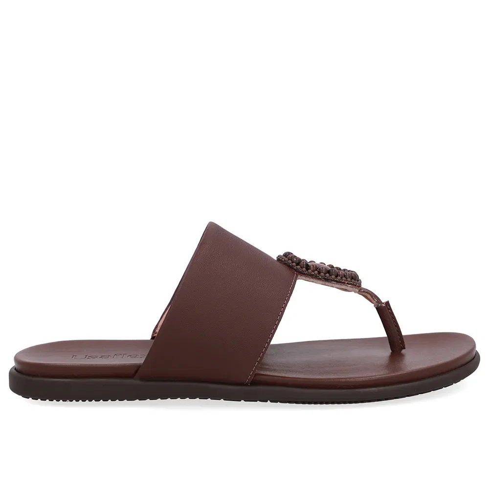Chinelo Tira Couro Marrom Enfeite