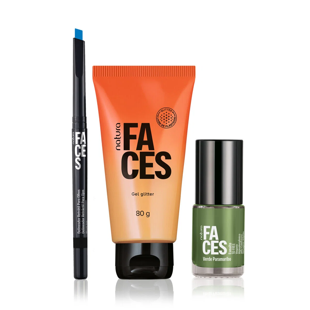 Kit Gel Glitter, Delineador Azul e Esmalte Verde Paramaribo Natura Faces (3 produtos) — imagem 1