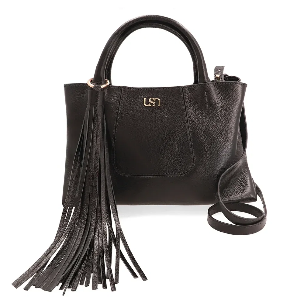 Bolsa Tote Em Couro Preto Com Barbicacho e Divisória Interna