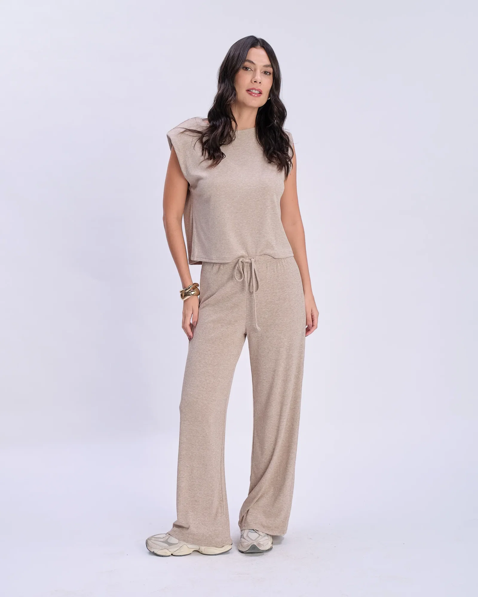 Calça Pantalona Cós Amarração Malha - Areia — imagem 1
