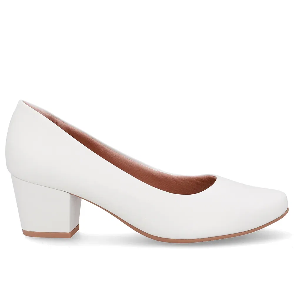 Scarpin Couro Branco Salto Bloco