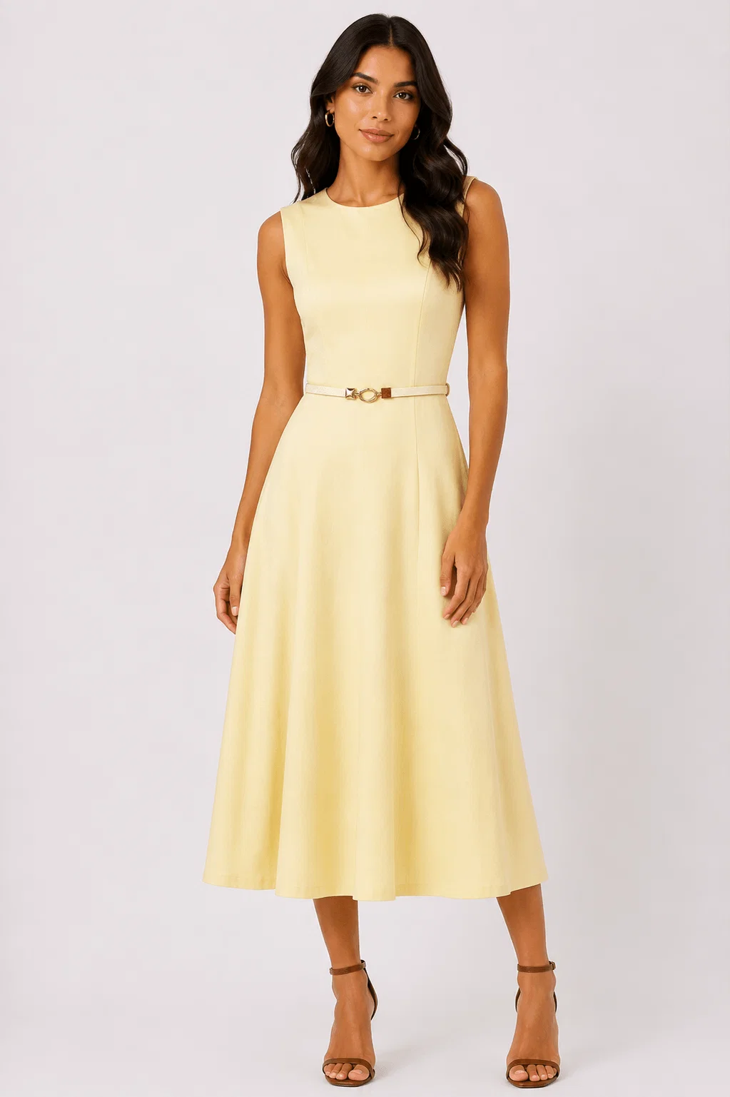 Vestido Midi Com Cinto - Amarelo