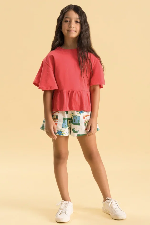 Conjunto Infantil Feminino Bata com Babados e Short Saia Estampado em Tecido Rústico