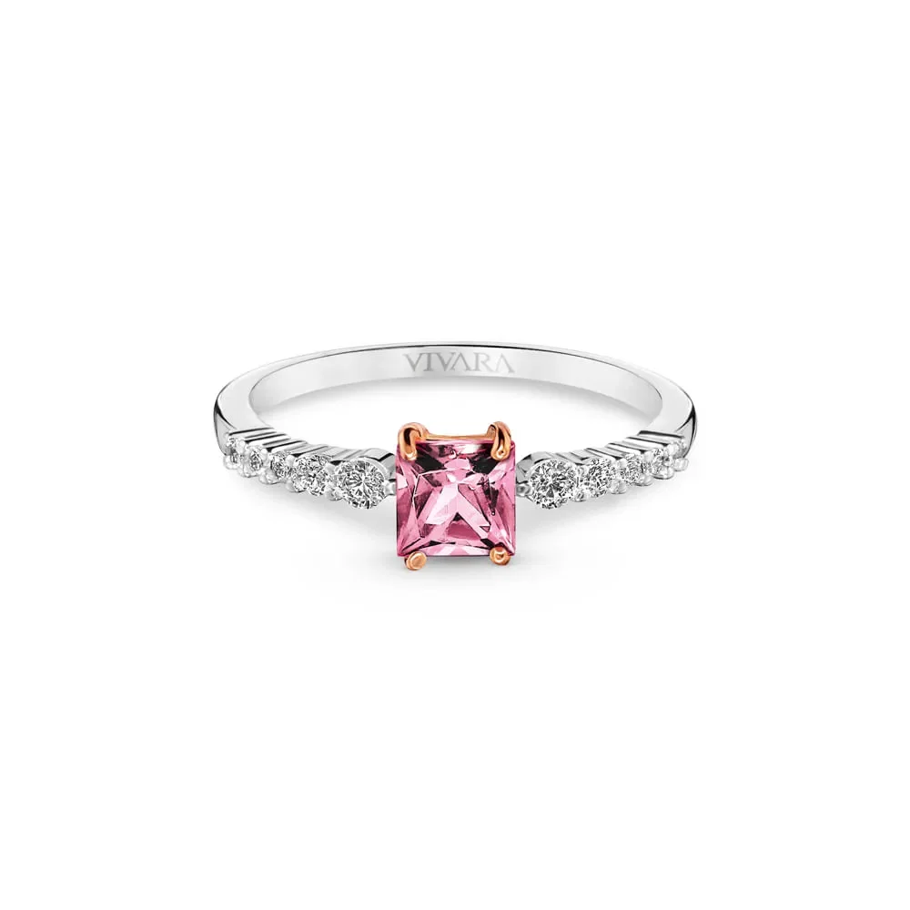 Anel Solitário Expressão em Ouro Branco e Ouro Rosé 18k com 0,21ct de Diamante e Turmalina
