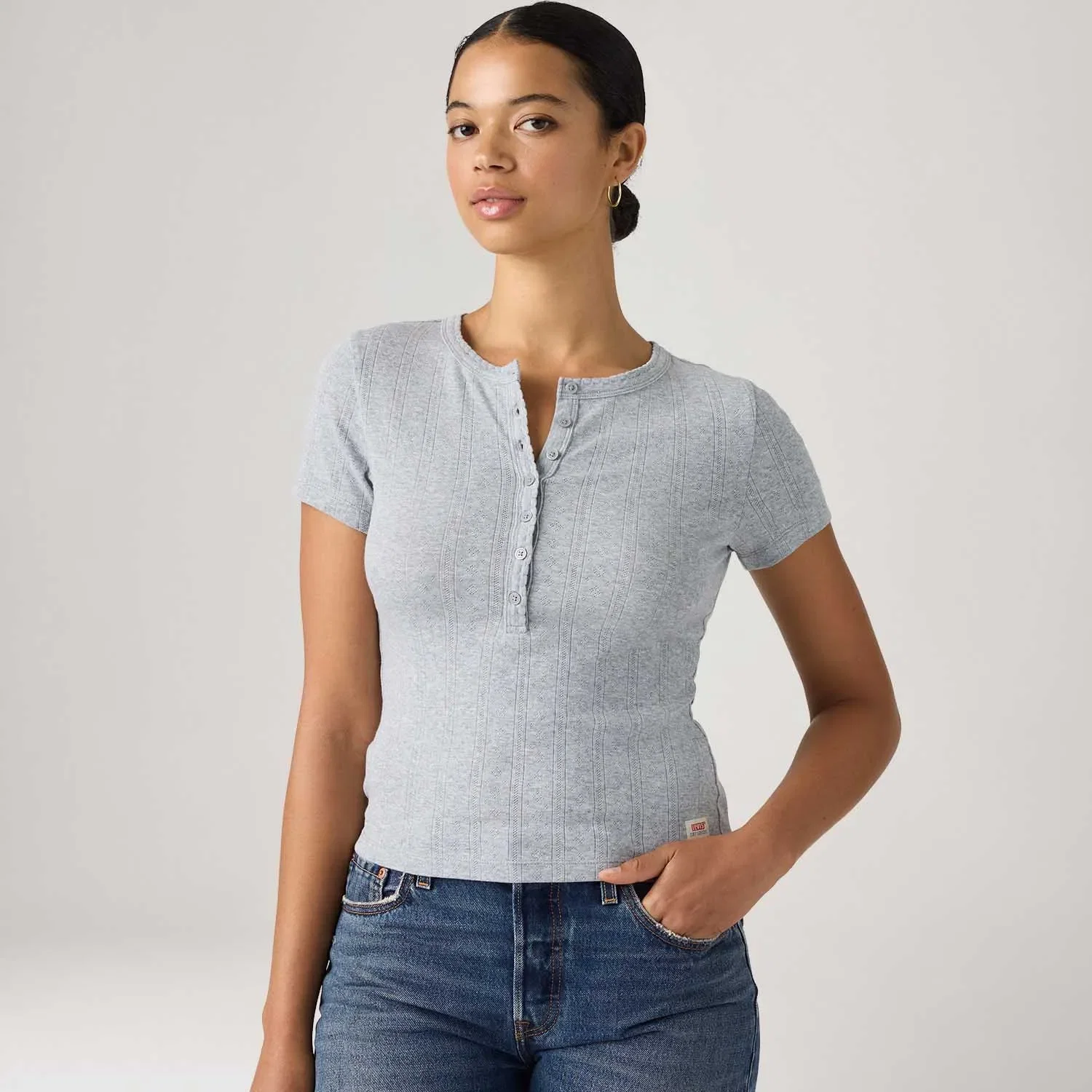 Blusa Levi's® Dry Goods Pointelle Henley Cinza Claro Manga Curta — imagem 1