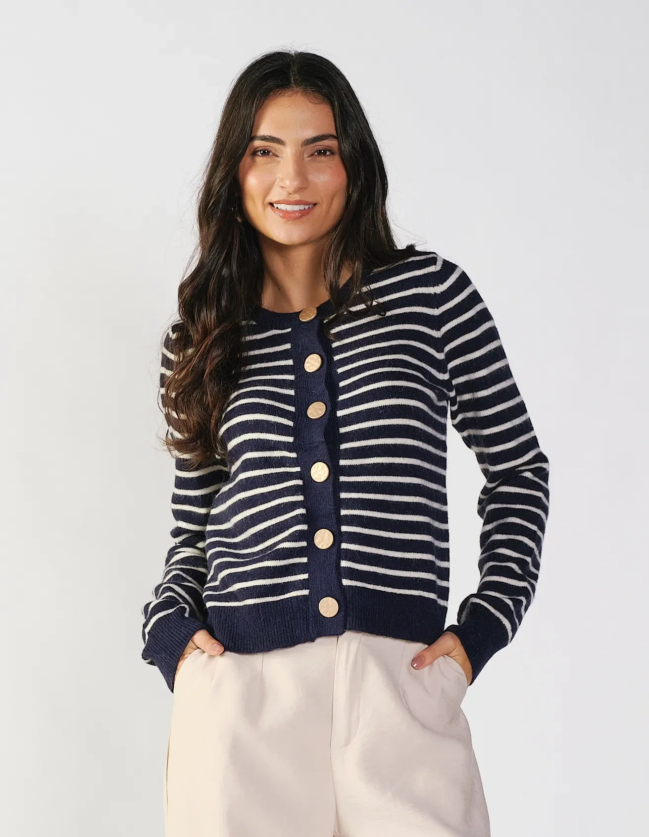 Casaco Tricot Listrado Botões - Azul Marinho