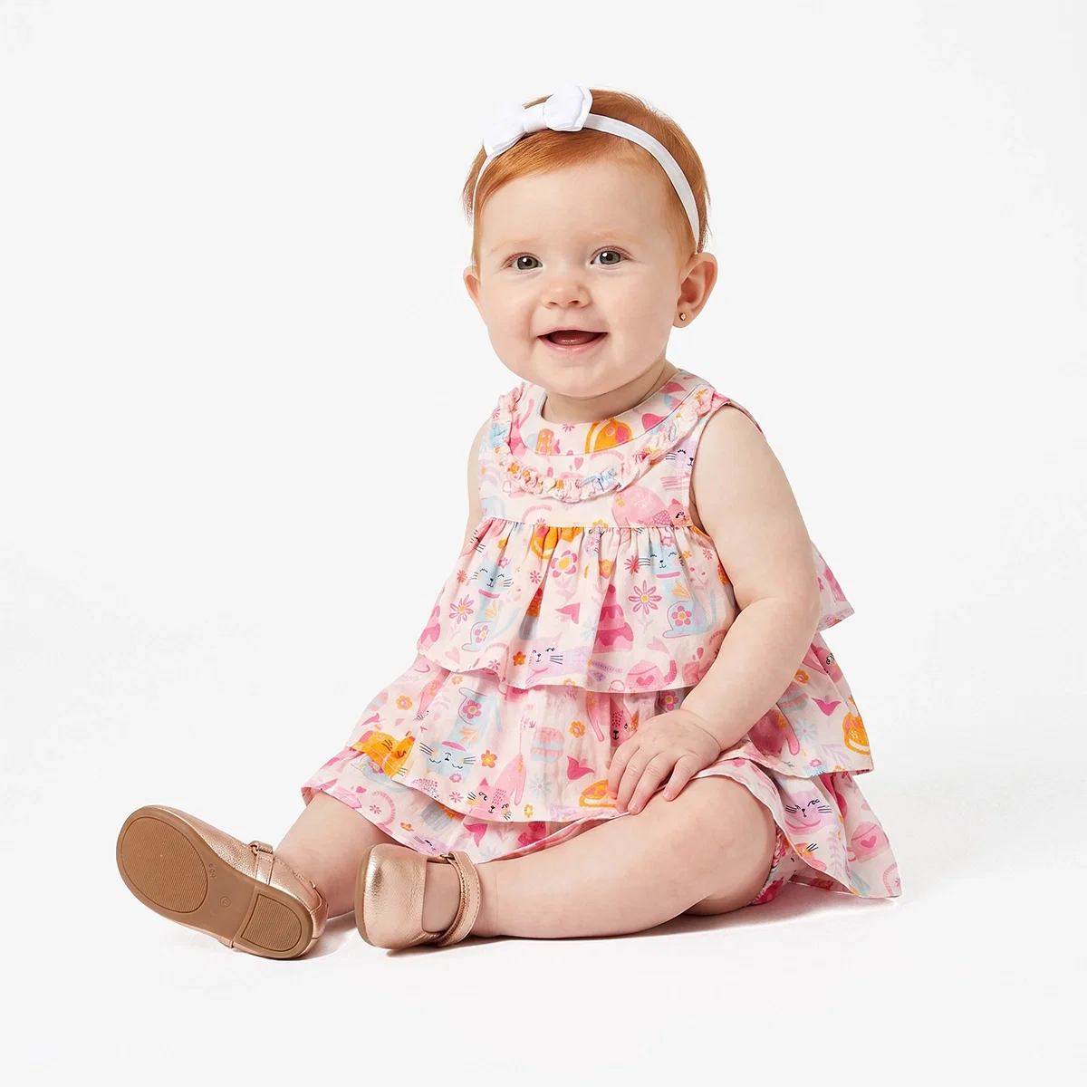 Vestido Com Calcinha Bebê Gatinha Tricoline Estampado Tip Top
