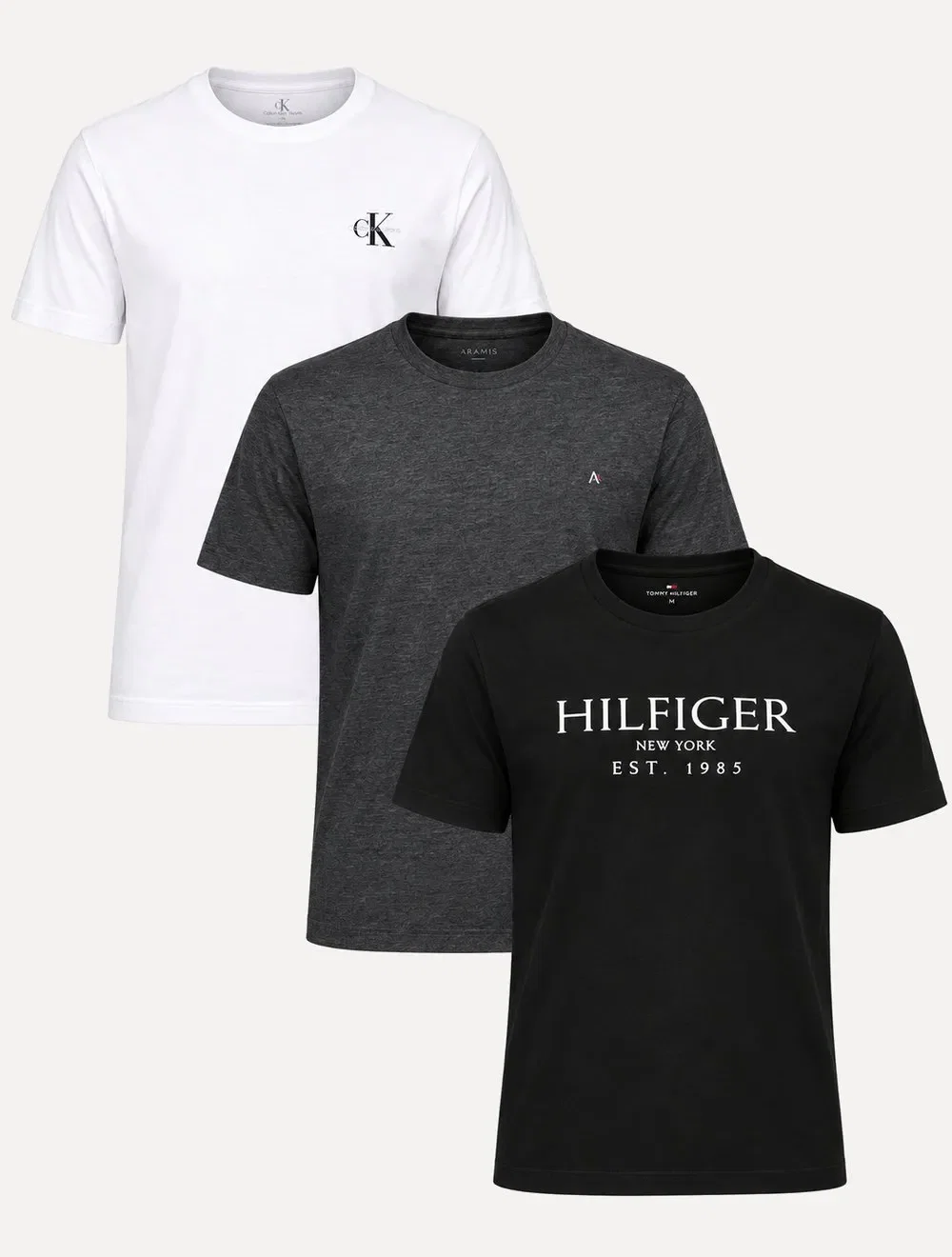 Kit Camisetas Calvin Klein / Aramis / Tommy Hilfiger | Branca / Grafite Mescla / Preta