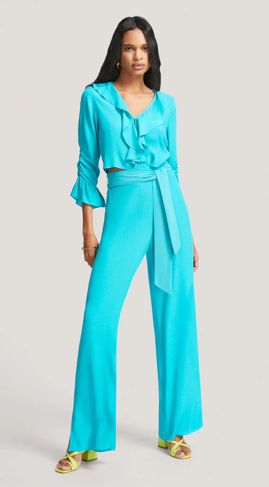 Calça Morena Rosa Pantalona Cós Alto Com Cinto Azul