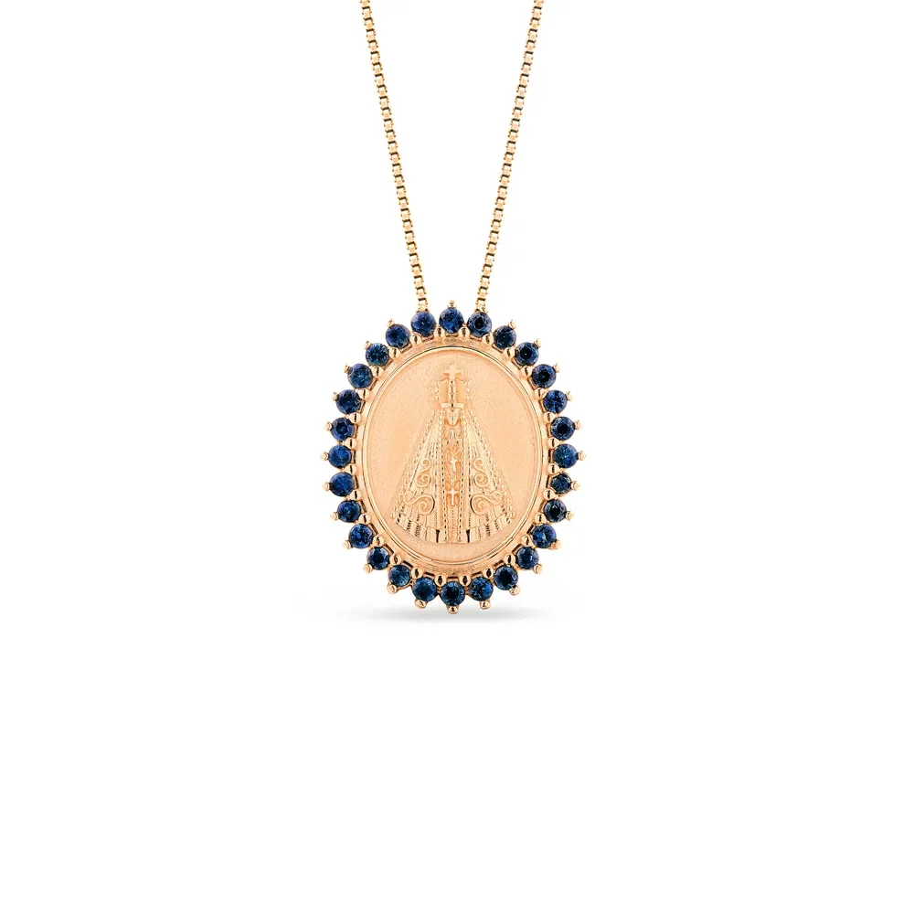 Pingente Medalha N.Sra. Aparecida em Ouro Rosé 18k com Safiras Azul, 20mm — imagem 1