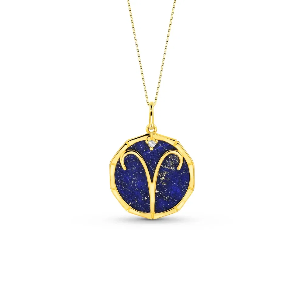 Pingente ZodíAço Áries em Ouro Amarelo 18k com Lápis Lazuli e Safira Incolor, 17mm