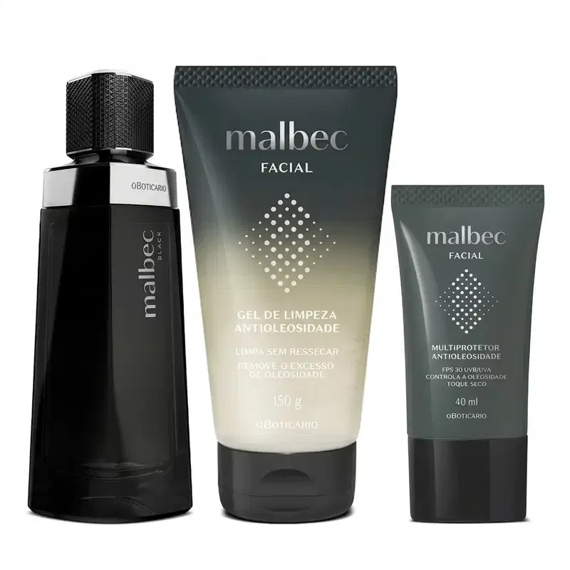 Combo Malbec: Malbec Black 100ml + Gel de Limpeza Facial 150g + Multiprotetor FPS30 40ml