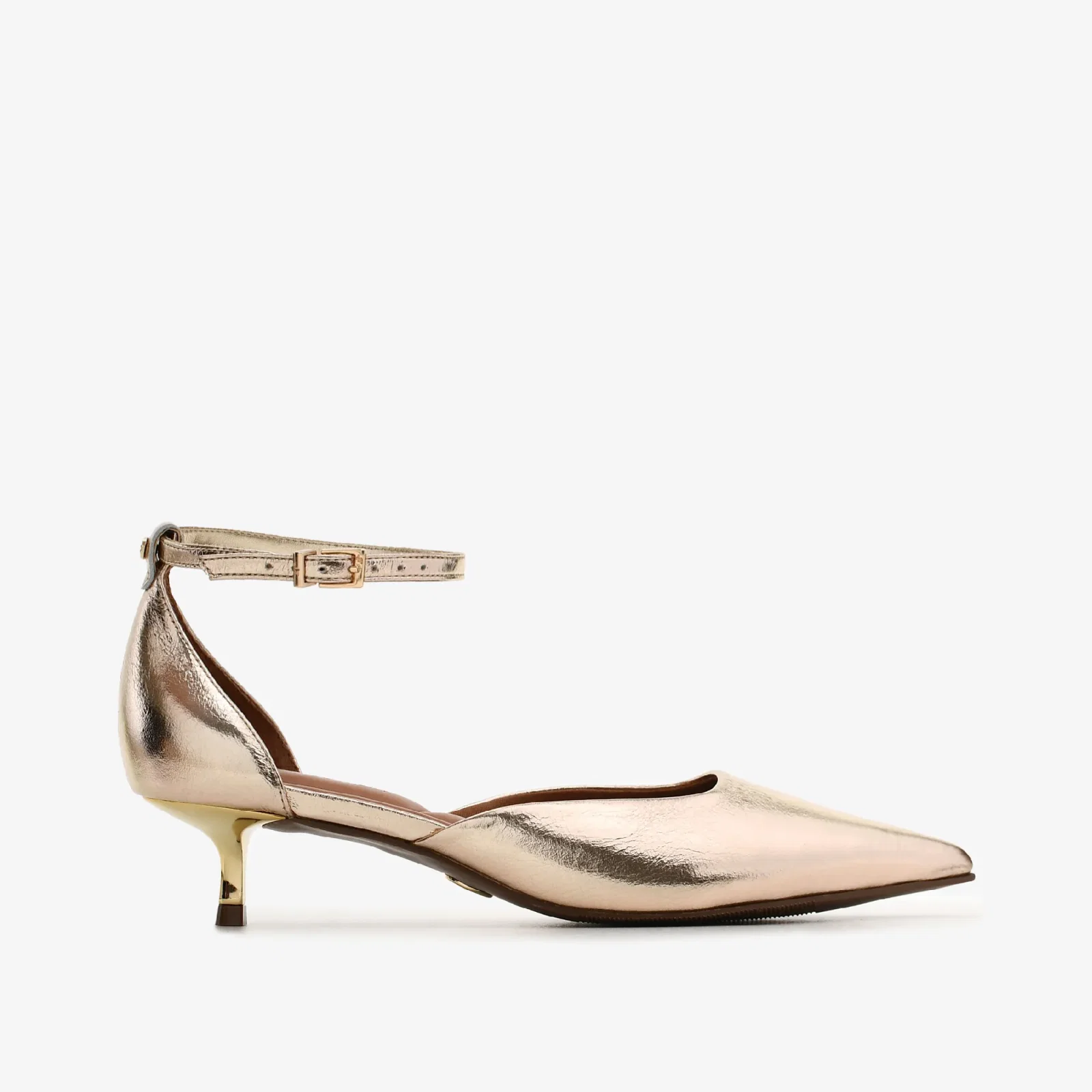 Scarpin Salto Baixo Metal Ouro Claro Couro — imagem 1