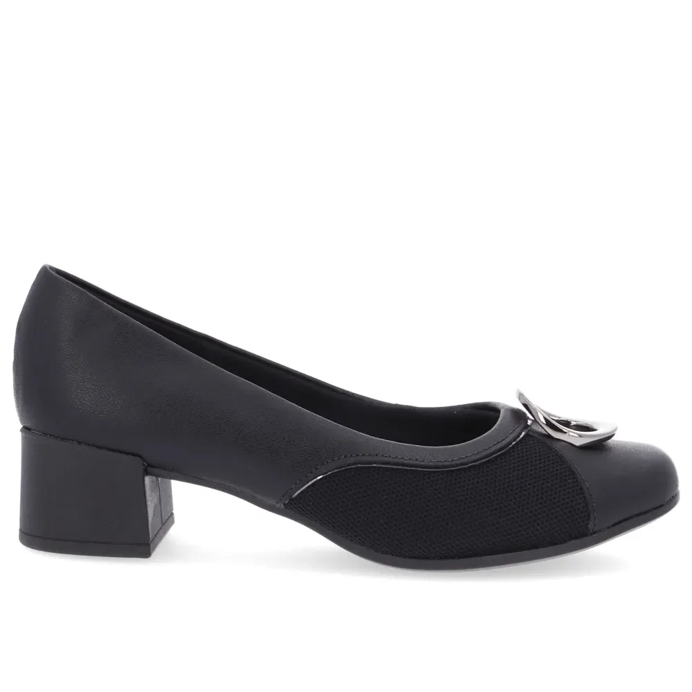 Scarpin Preto Salto Bloco Couro Detalhe Prata — imagem 1