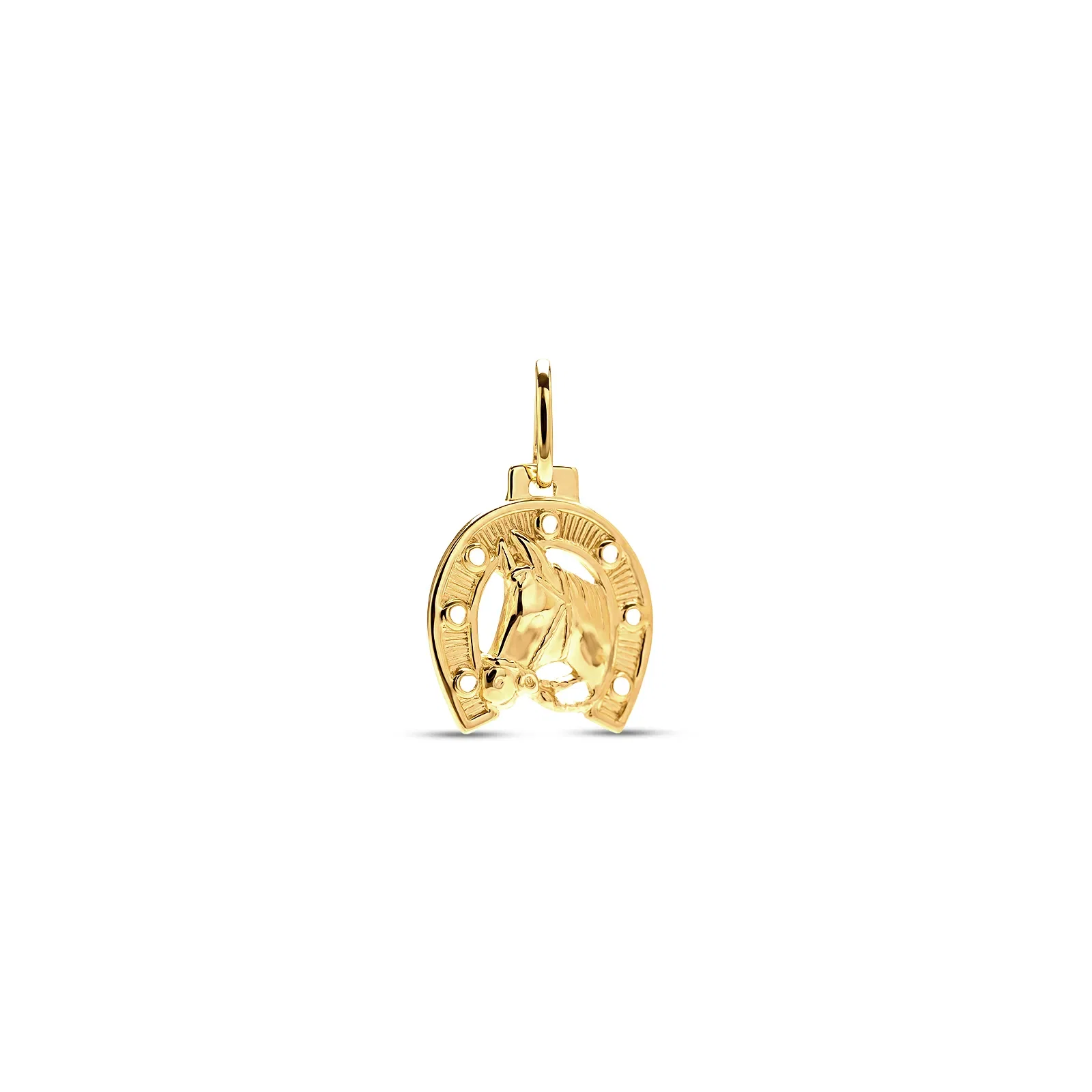 Pingente Medalha Ferradura e Cavalo em Ouro Amarelo 18K, 16 mm