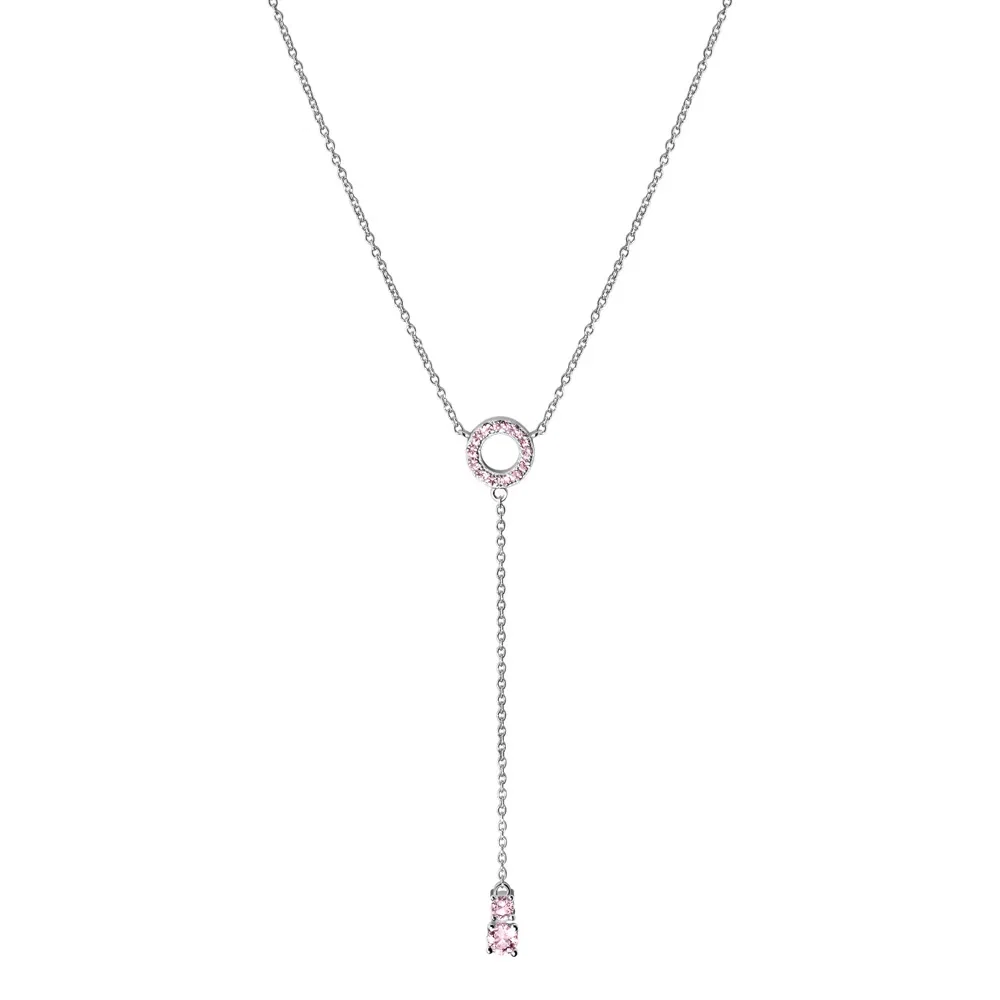 Colar Life Fresh Gravatinha em Prata 925 com Pedras Rosas, 42cm