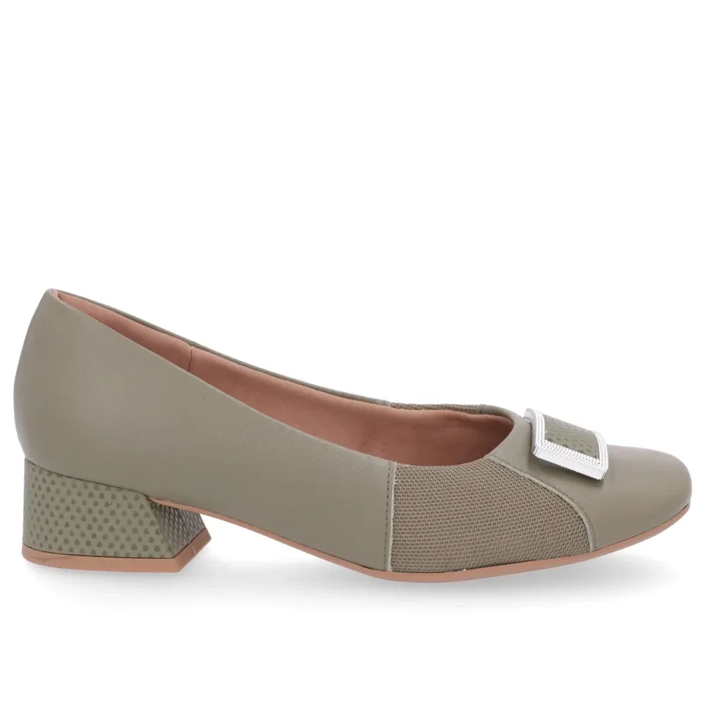 Scarpin Verde Militar Salto Bloco Couro Lateral Tecido — imagem 1