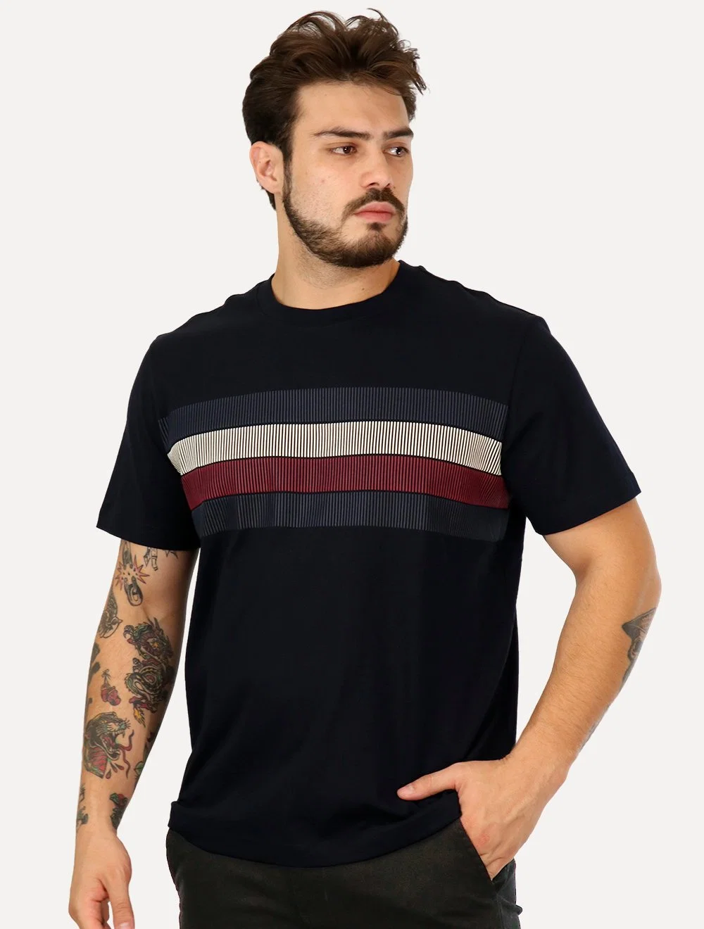 Camiseta Tommy Hilfiger Masculina Regular Shadow Global Stripe Azul Marinho