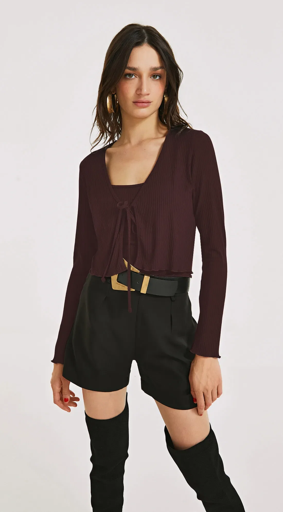 Blusa Morena Rosa Decote Amarração Manga Longa Com Regata Vermelho