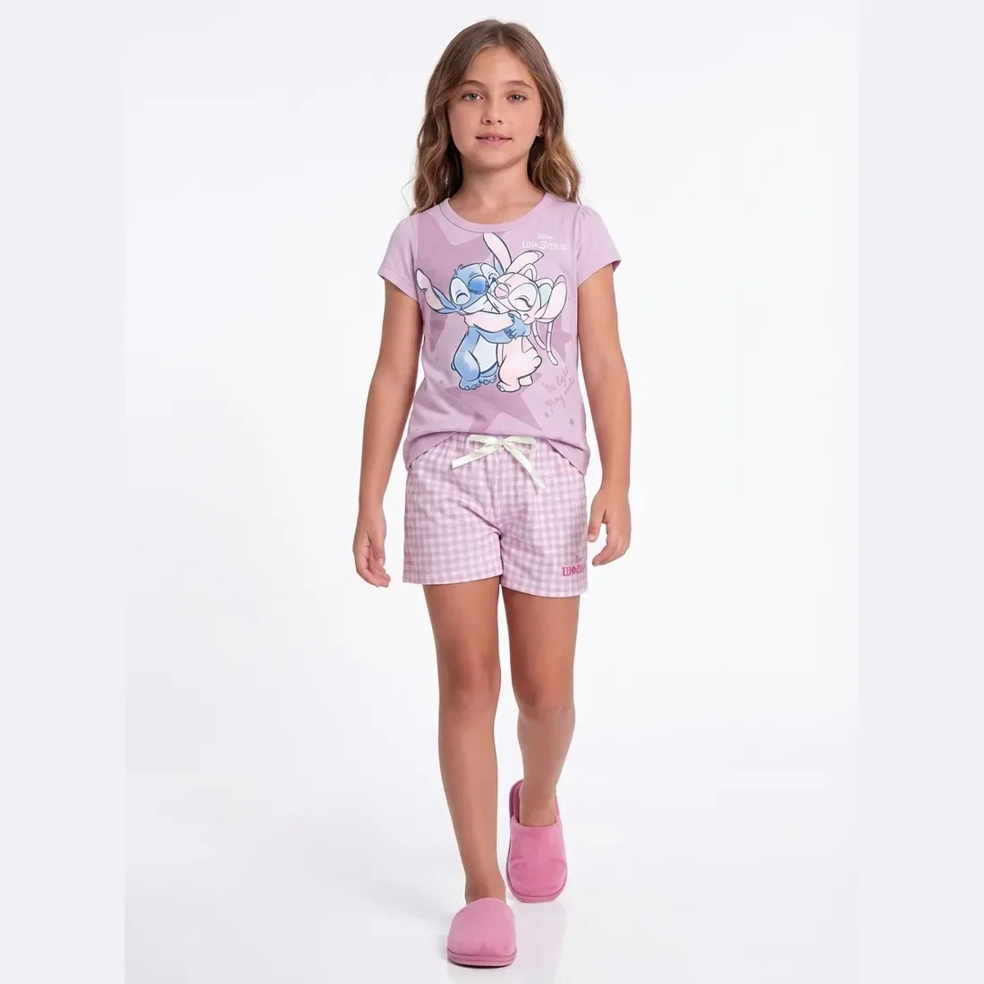 Conjunto pijama blusa e short xadrez com laço Stitch — imagem 1