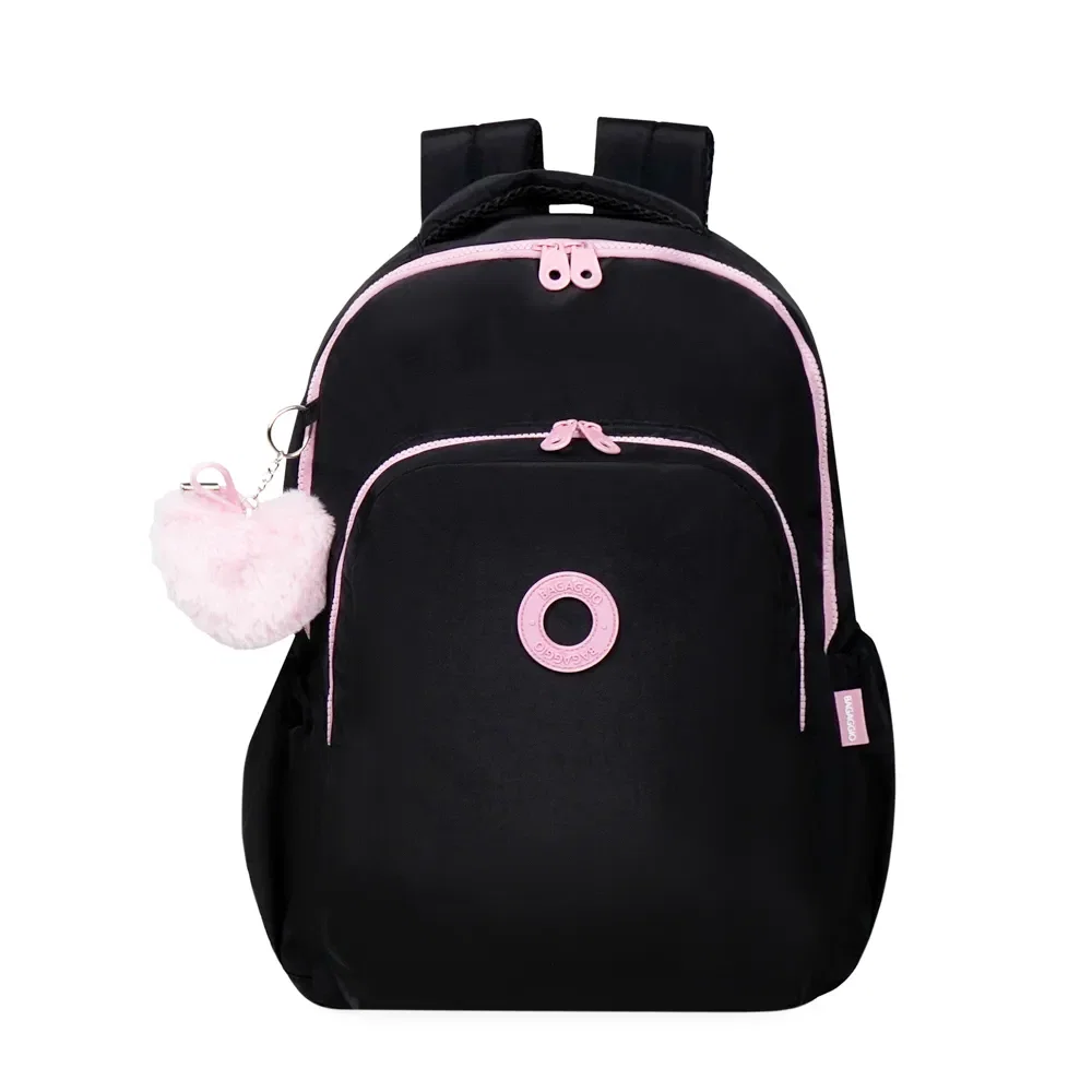 Mochila Escolar Juvenil Feminina Pop Fun Preta e Rosa