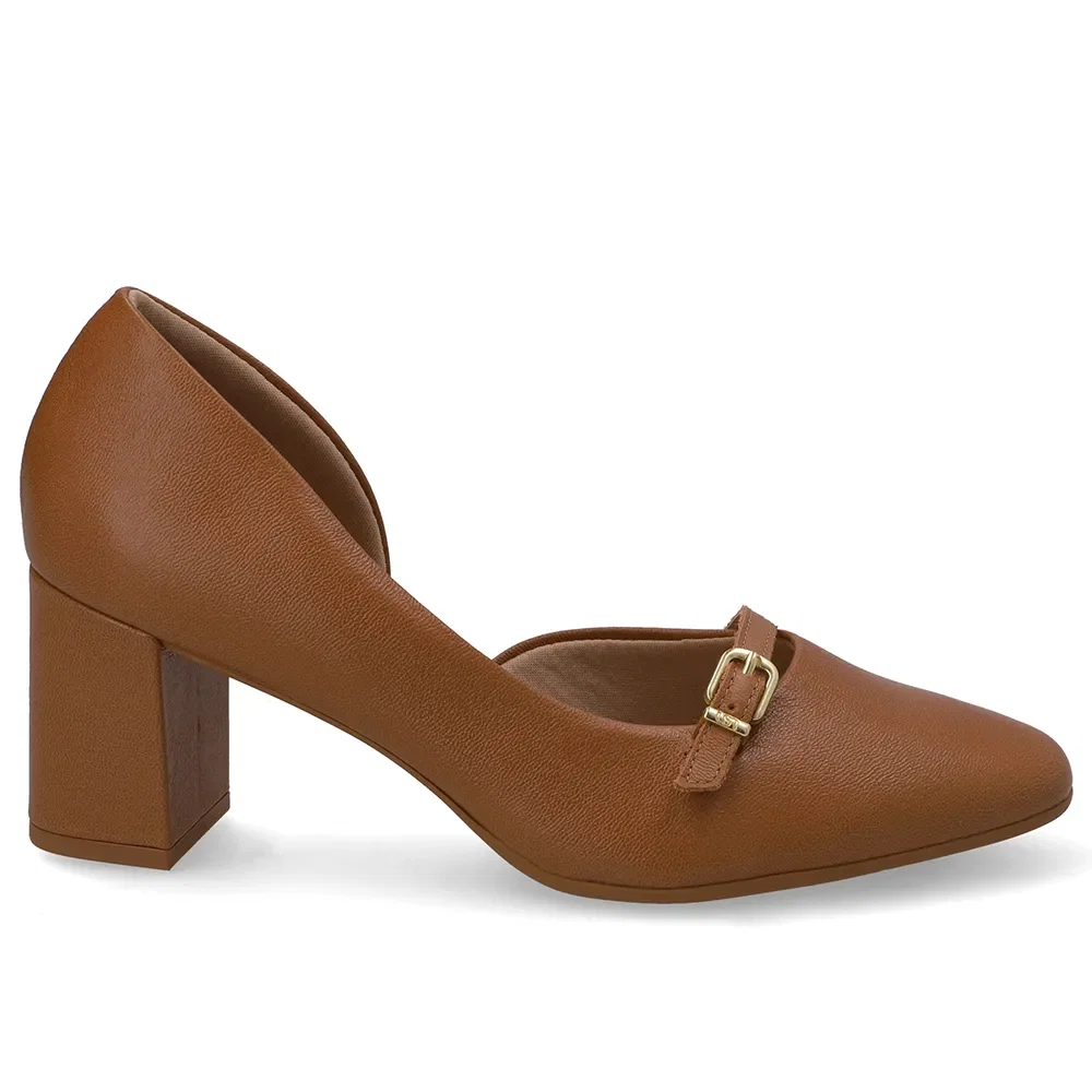 Scarpin Marrom Bico Redondo Couro Tira Enfeite — imagem 1