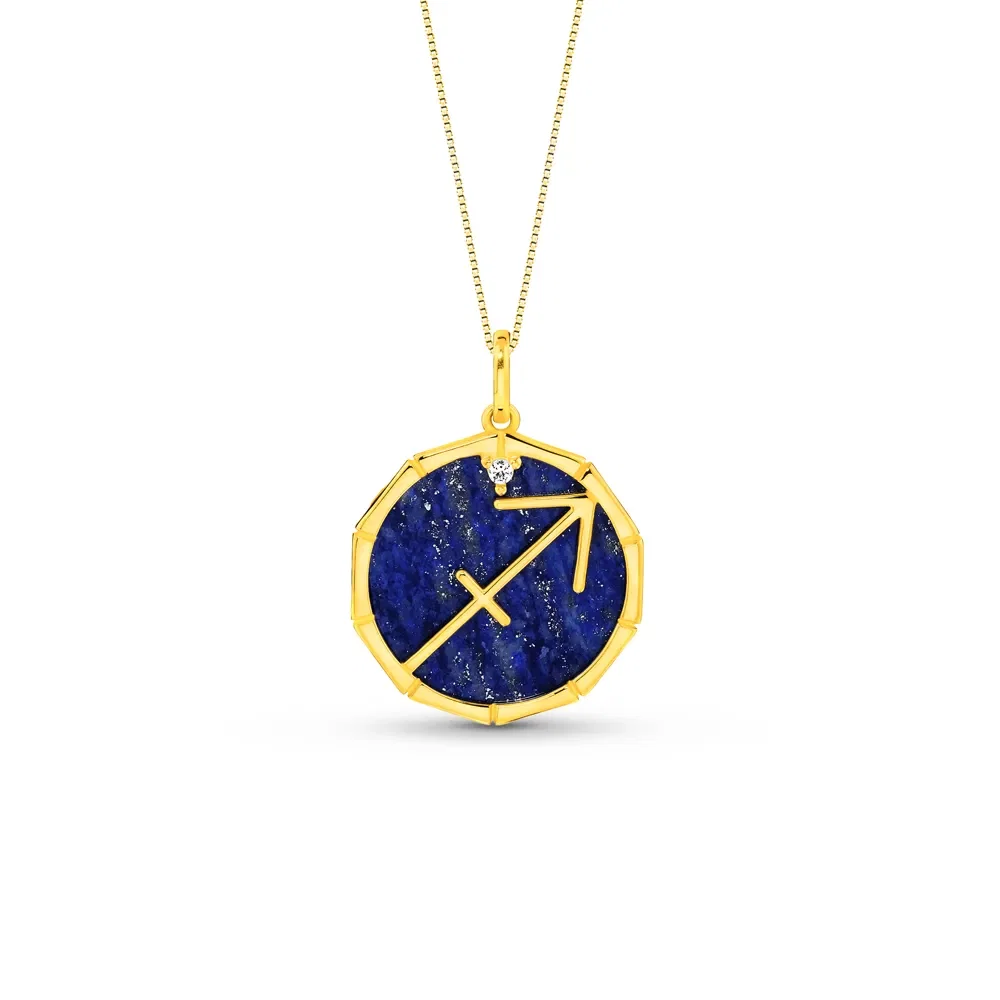 Pingente ZodíAço Sagitário em Ouro Amarelo 18k com Lápis Lazuli e Safira Incolor, 17mm