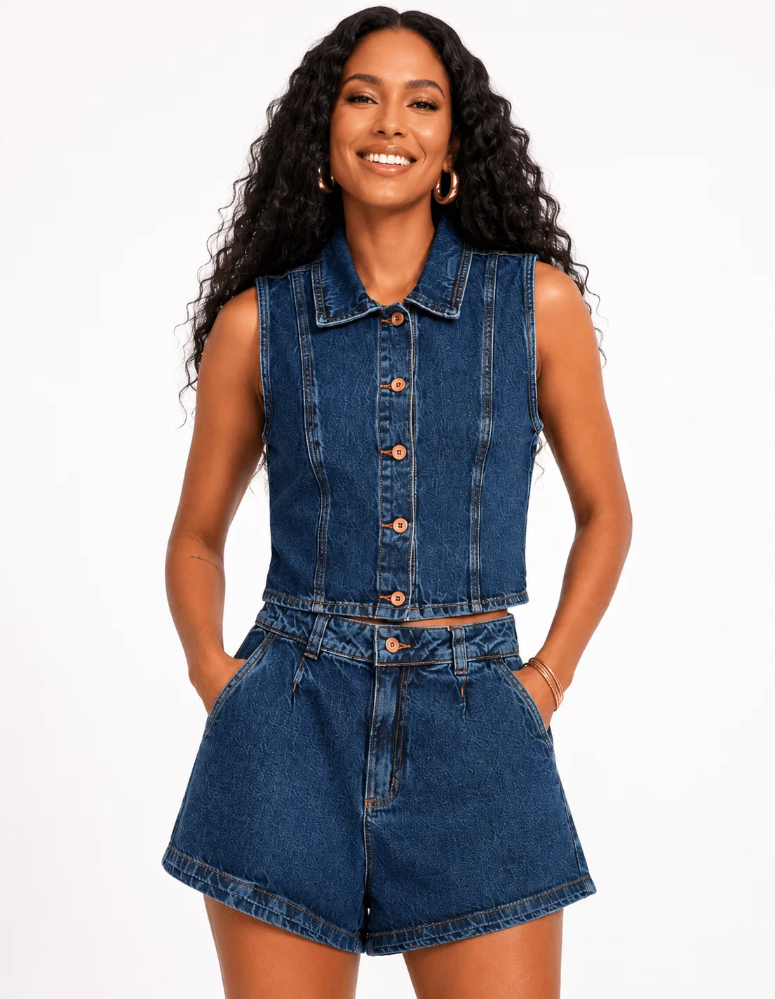 Colete Jeans Cropped - Denim Medio