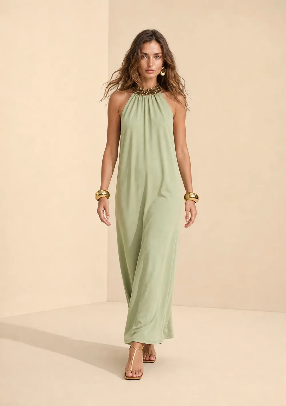 Vestido Gola Alta Flora Verde