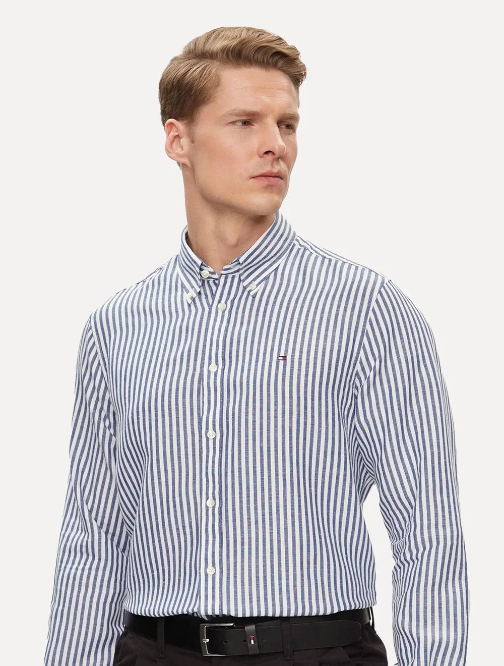 Camisa Tommy Hilfiger Masculina Regular Striped Poplin Azul Marinho
