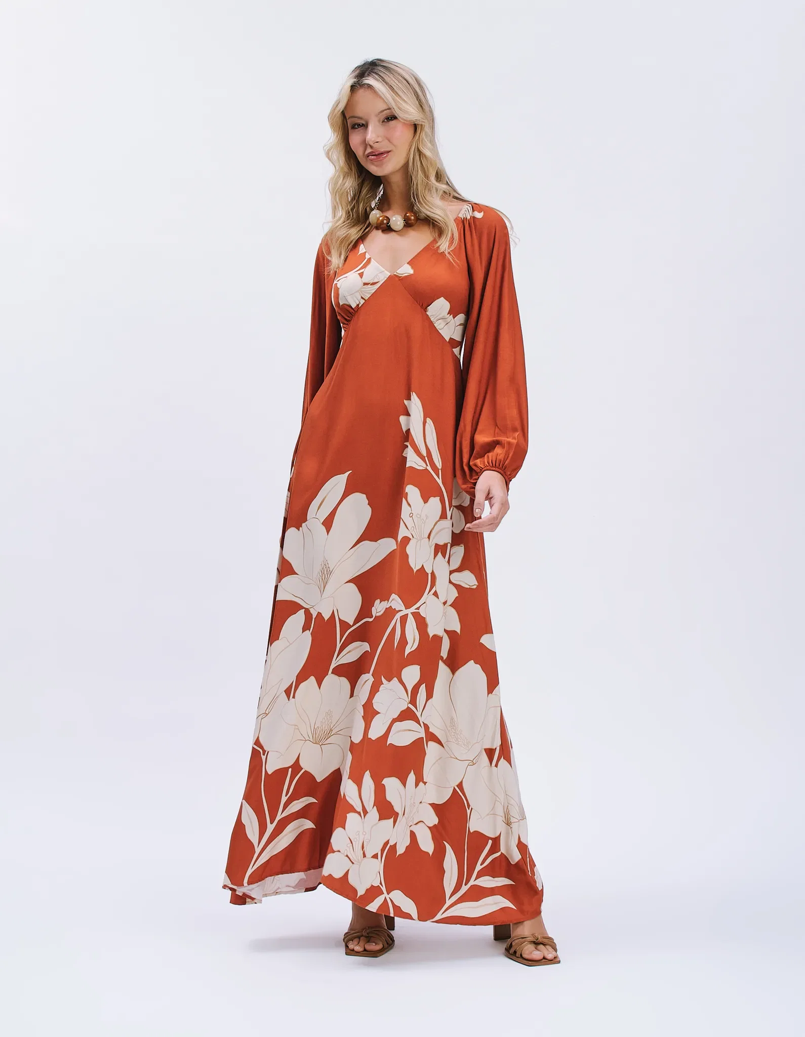 Vestido Longo Estampado Flores Tropicais - Terracota — imagem 1