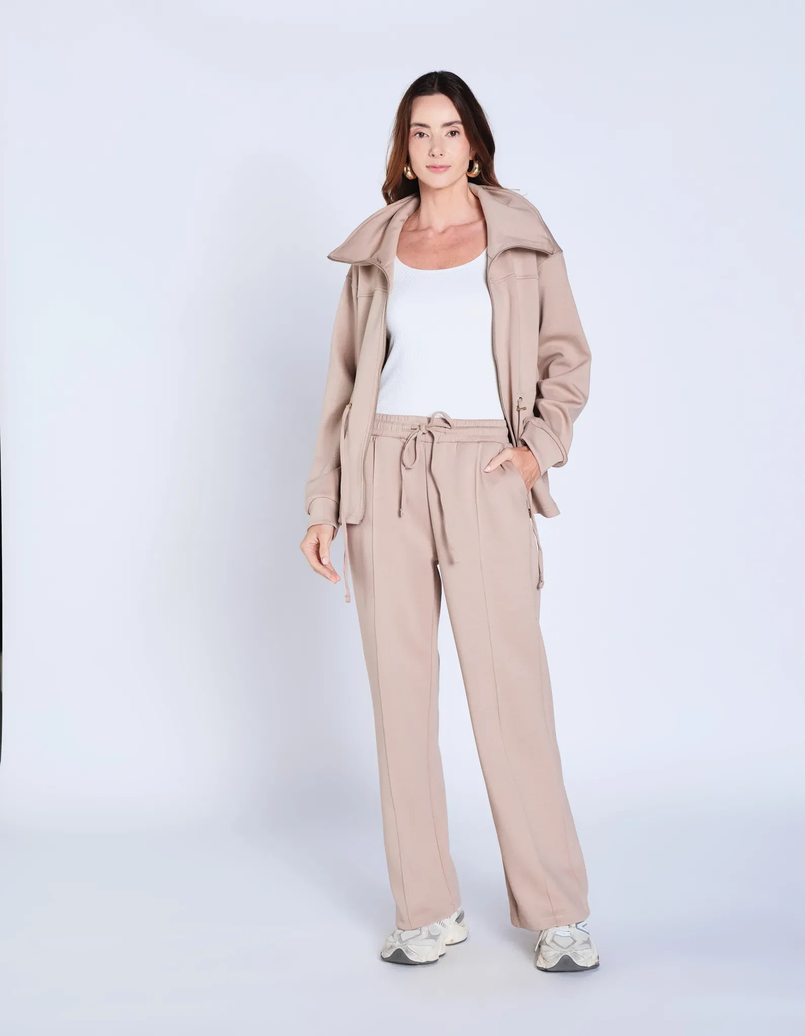 Calça Pantalona Neoprene Nervuras - Bege