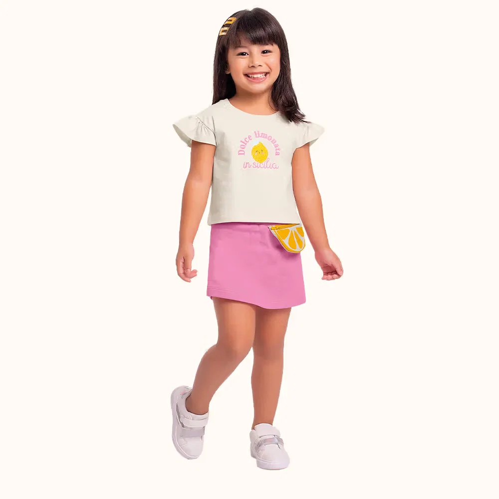 Conjunto blusa e short saia com pochete limonada