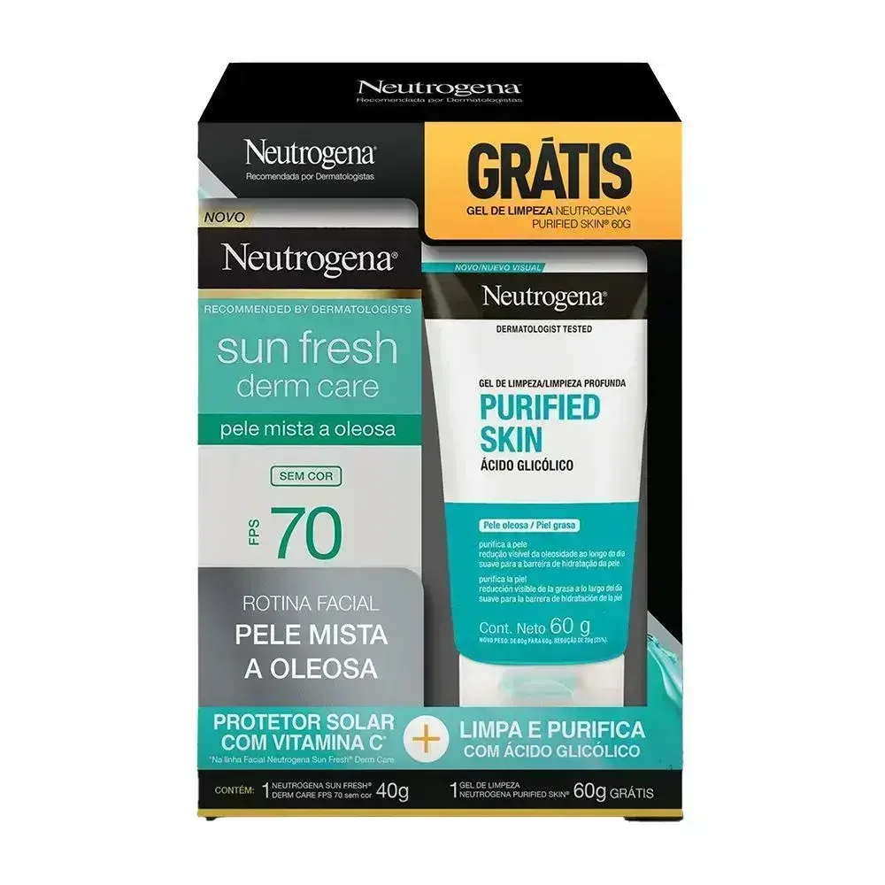 Kit Neutrogena Protetor Solar Facial Sun Fresh Derm Care Fps70 Sem Cor 40g + Gel De Limpeza Purified Skin 60g