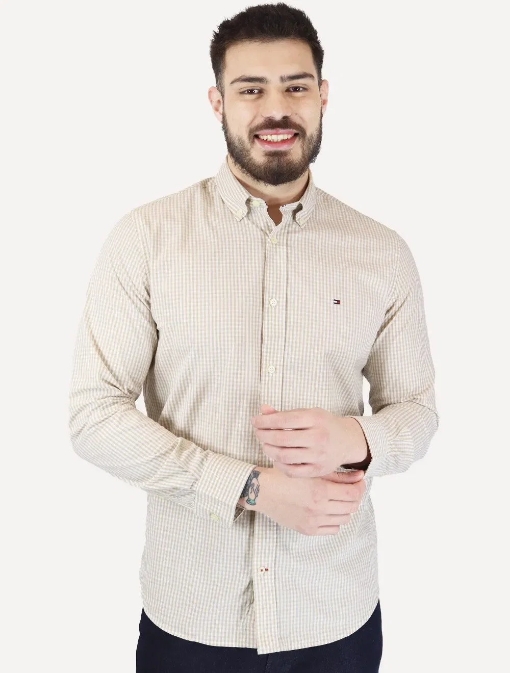 Camisa Tommy Hilfiger Masculina Xadrez Gingham Branca / Cáqui