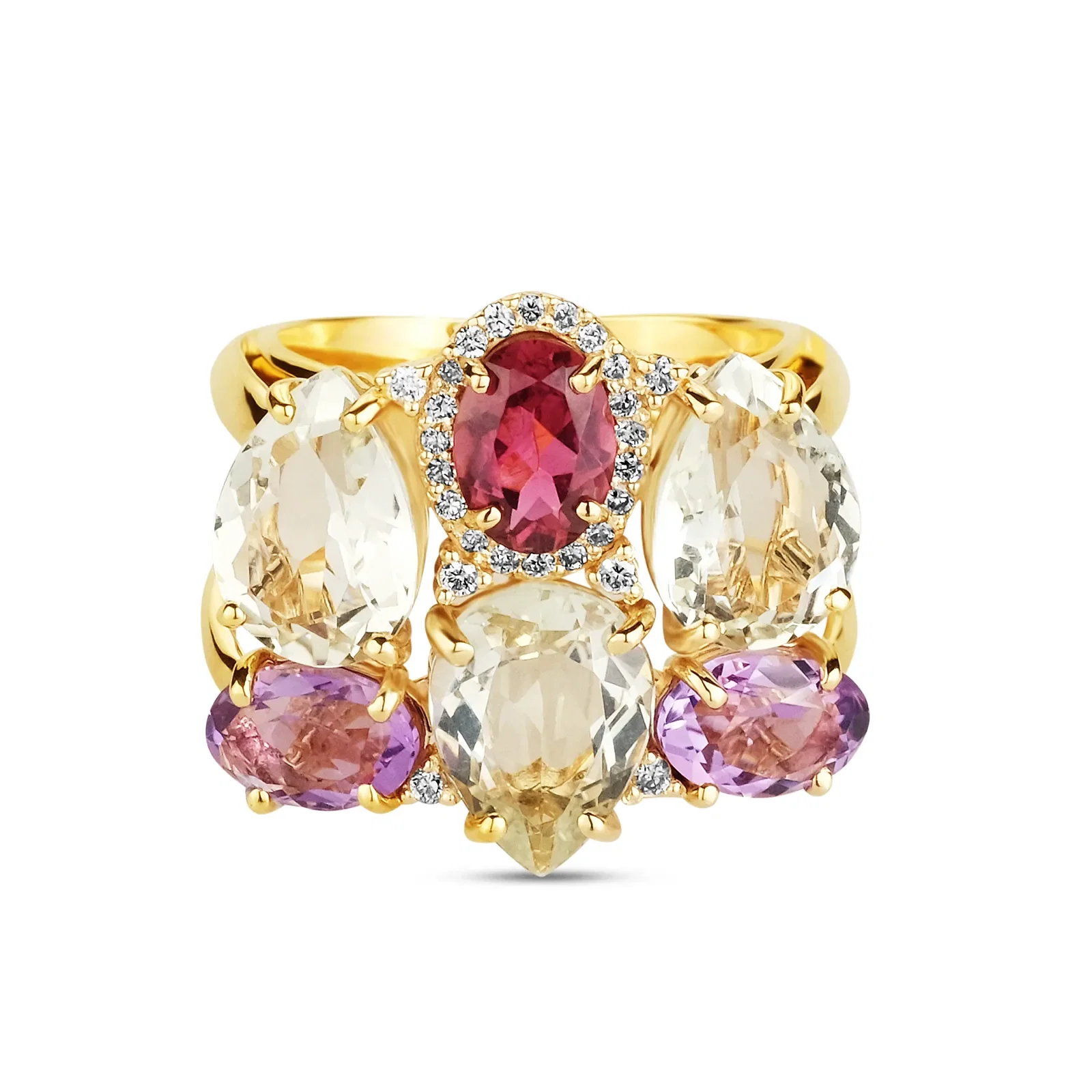 Anel Chagall Colors em Ouro Amarelo 18k com Prasiolita, Ametista e Diamantes