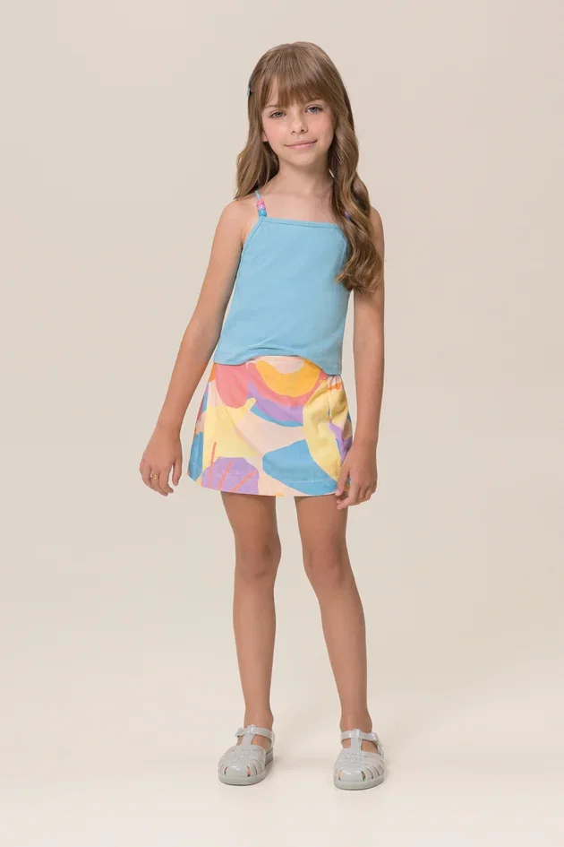 Conjunto Blusa Meia Malha Shorts Saia Tricoline Estampado