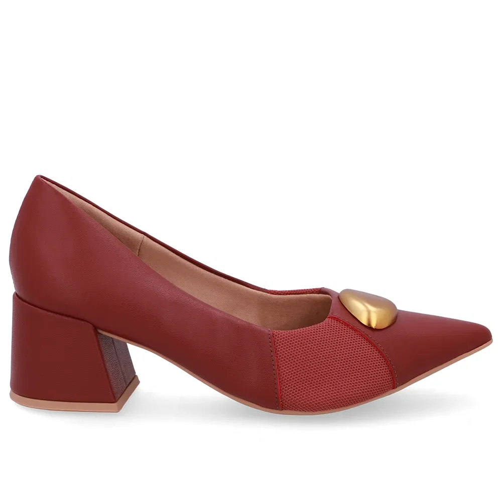 Scarpin Couro Vermelho Bico Fino Lateral Tecido — imagem 1