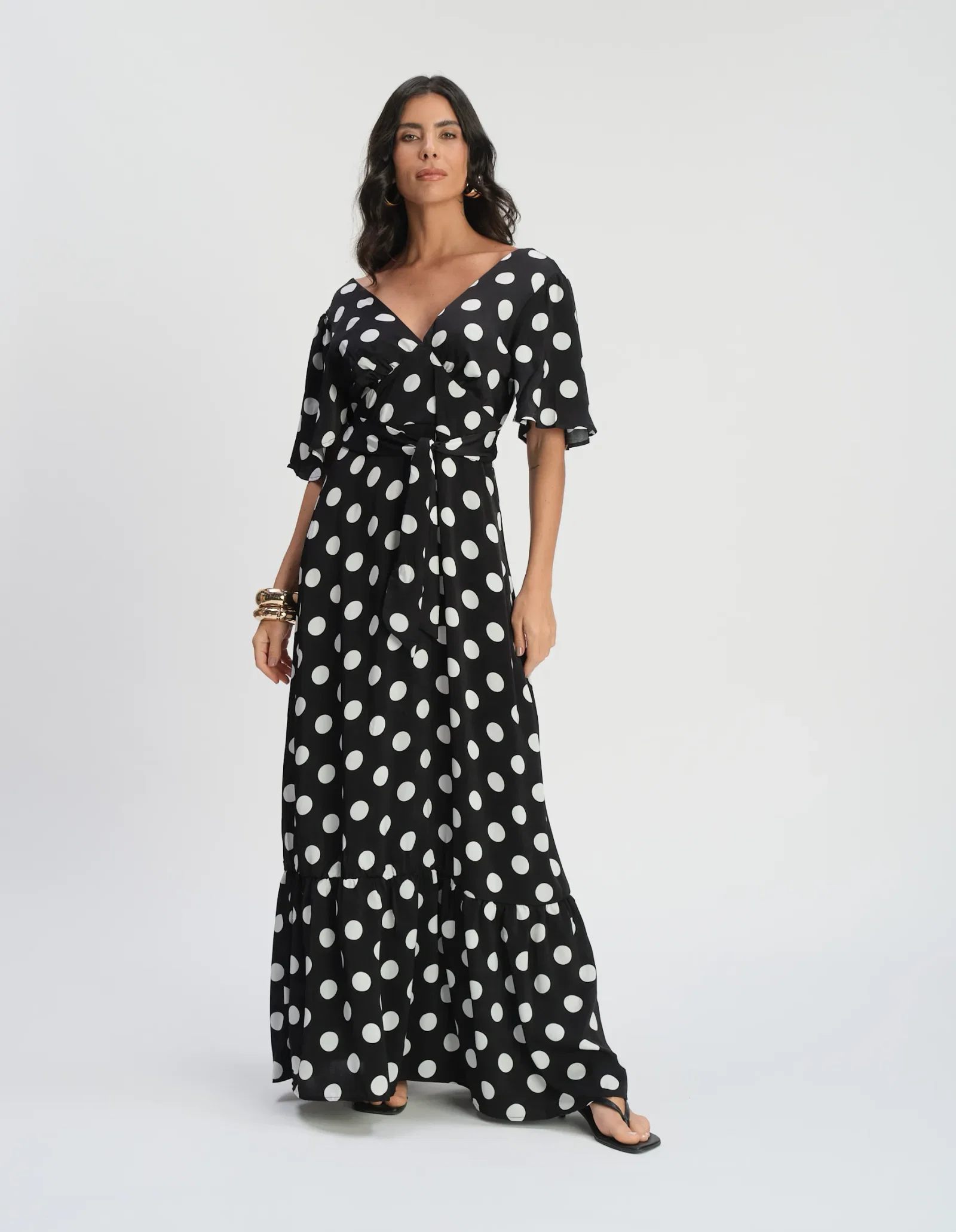 Vestido Longo Manga Estampado Poá - Preto