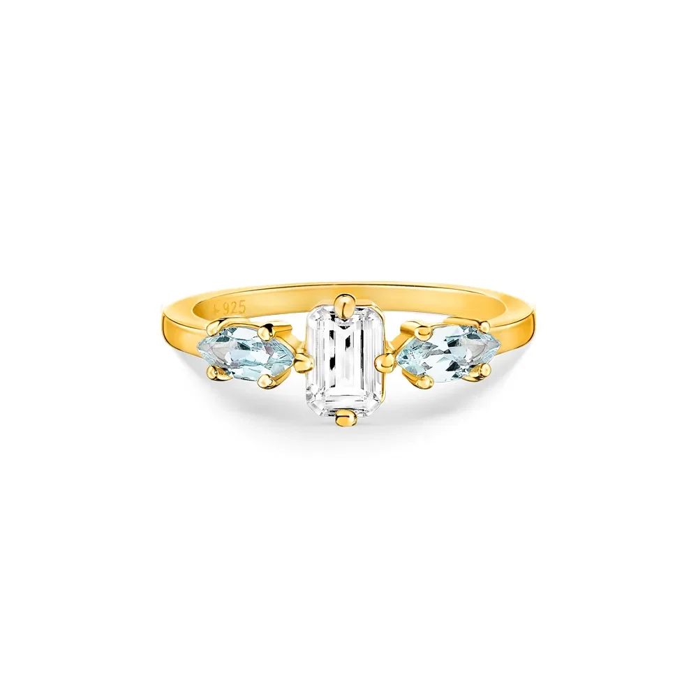 Anel Life Nature em Prata 925 com Banho de Ouro Amarelo 18k, Topázios Incolor e Sky