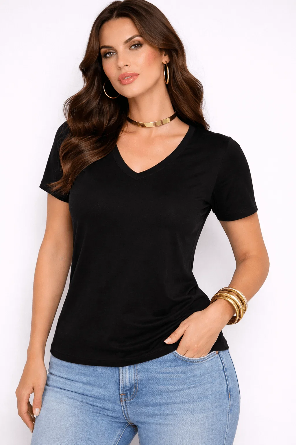 Blusa Básica Algodão Peruano Decote v - Preto