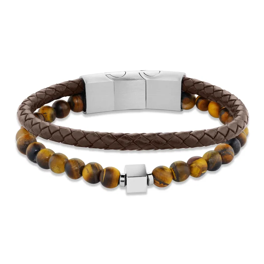 Pulseira Life Trançada Olho de Tigre em Couro Marrom — imagem 1