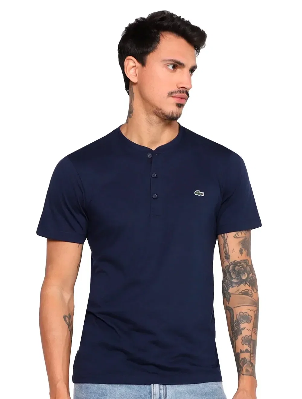 Camiseta Lacoste Masculina Jersey Henley Azul Marinho