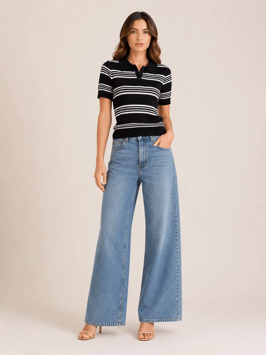 Blusa Tricot Gola Polo Listrada - Preto — imagem 1